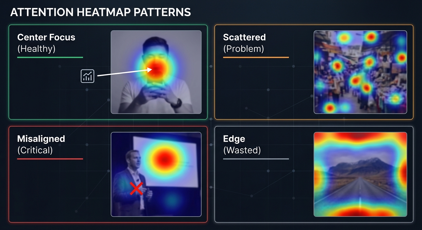 四种常见热图模式：中心聚焦、分散、错位、边缘