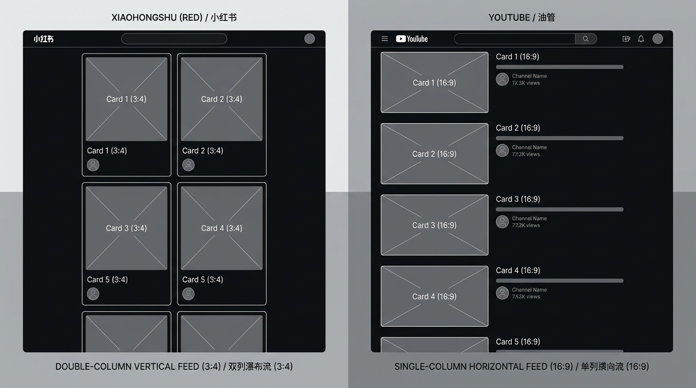 小红书双列瀑布流 vs YouTube 单列列表的布局对比